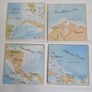 Caribbean Map 4 Coaster Set Cork Backing 4"x4" New Open Box
